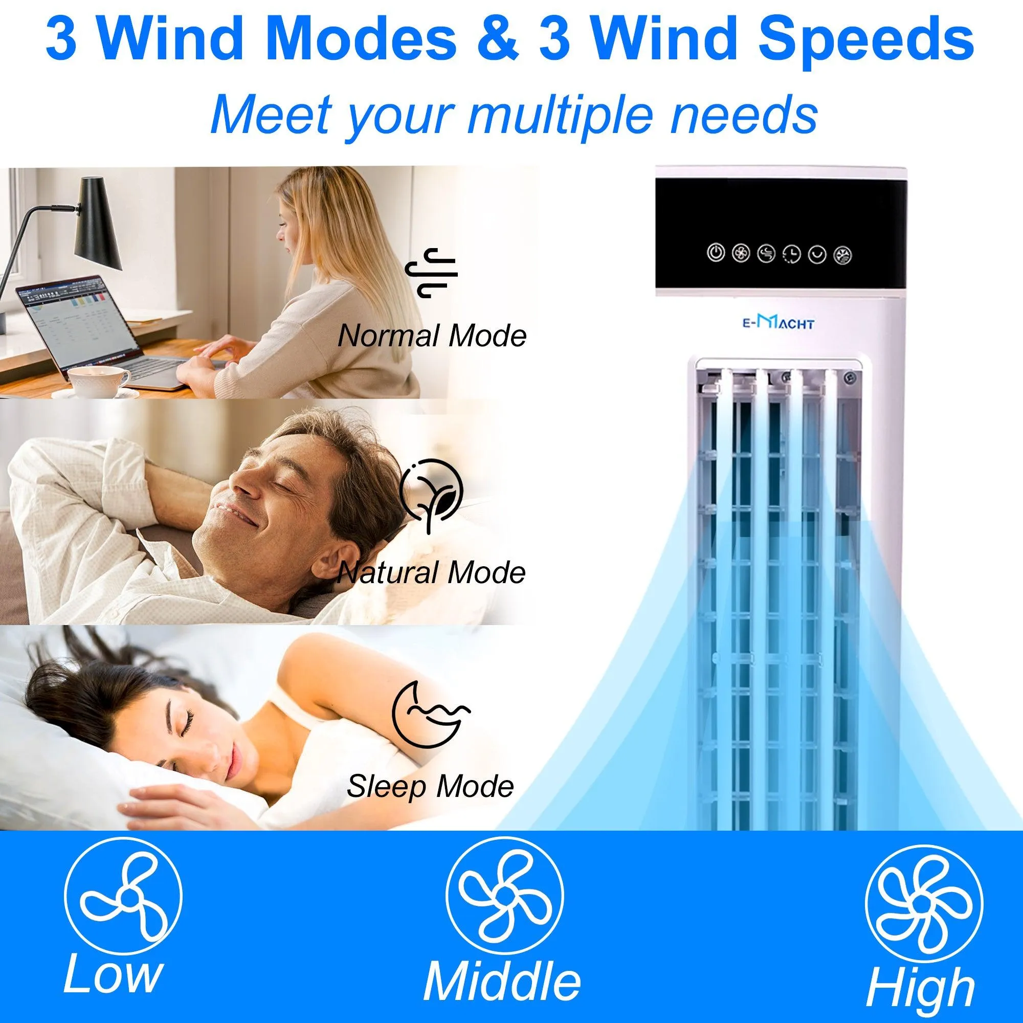 3-in-1 Portable Air Cooler, Cooling Tower Fan with 3 Speeds & 3 Modes, 3L Water Tank, 12H Timer Air Cooling Fan Remote Control for Bedroom, Office