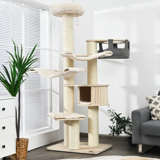 77.5-Inch Cat Tree Condo Multi-Level Kitten Activity Tower with Sisal Posts-Cream White