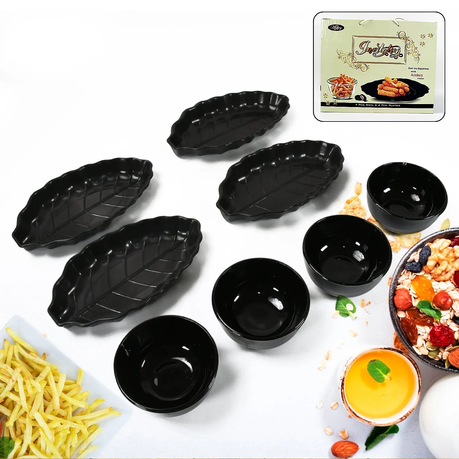 8233 Invitation Round Ceramic Snacks Bowl With Plastic Leaf shape Serving platter Portable, Lightweight Breakfast, Serving Bowl | Ideal for Rice, Pasta, Desserts Home & Kitchen Serving Bowl & platter (8 Pcs set)