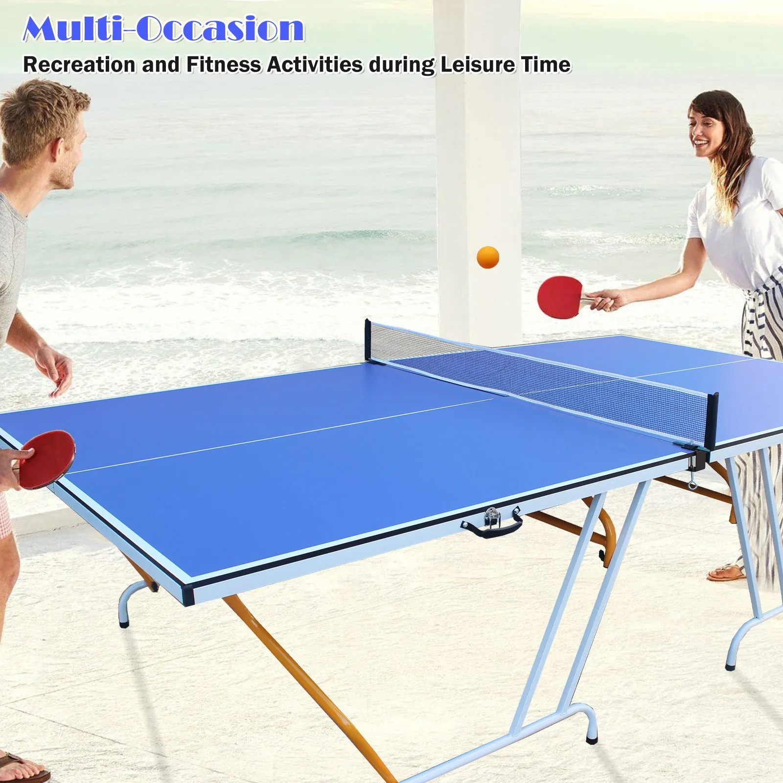 9ft Mid-Size Table Tennis Table Foldable & Portable Ping Pong Table Set for Indoor Games with Net, 2 Table Tennis Paddles and 3 Balls