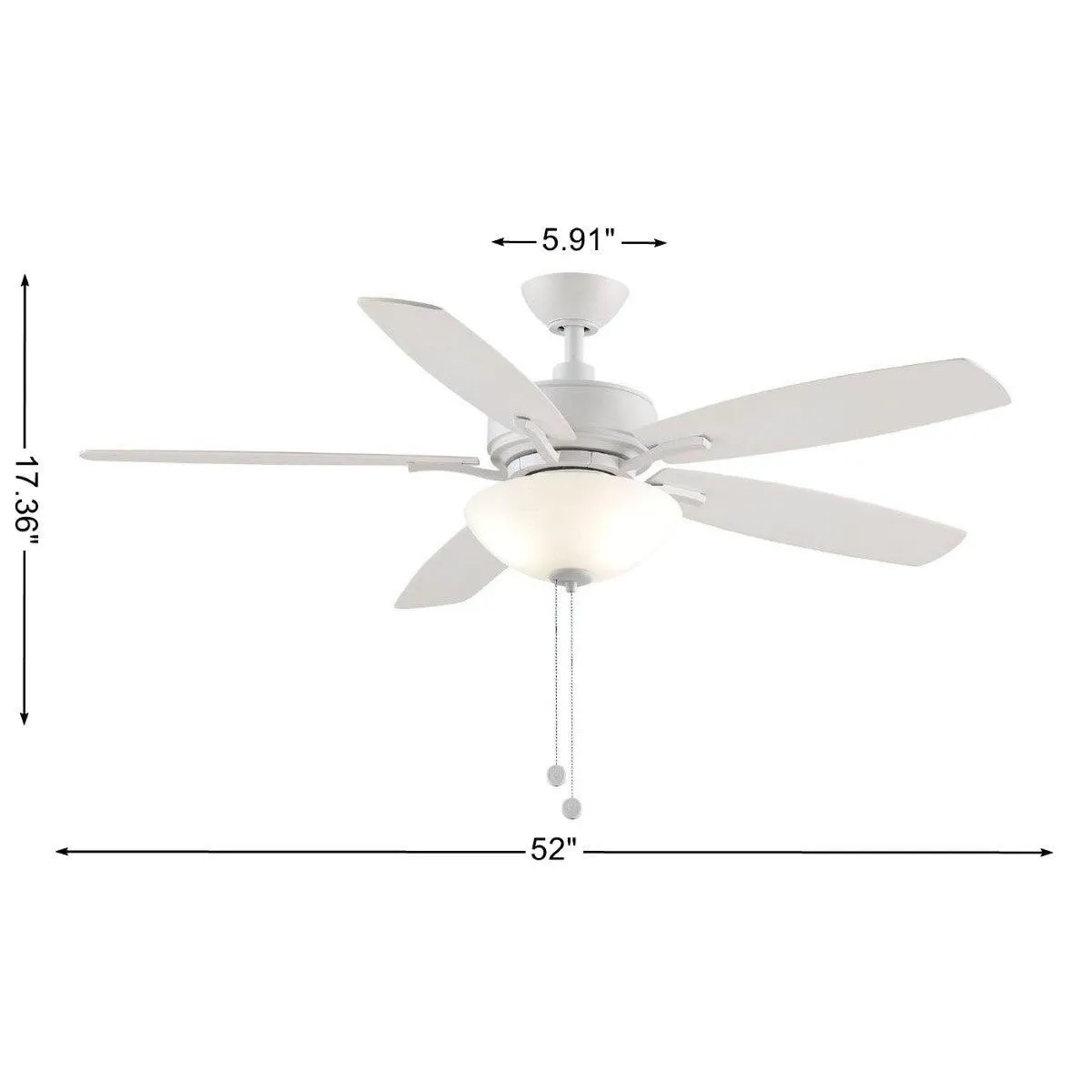 Aire Deluxe 52 Inch Matte White Ceiling Fan with Light Kit and Pull Chain