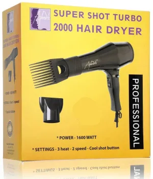 Aphrodite Professional Super Shot Hair Dryer Turbo 2000 with Dryer Pik Comb