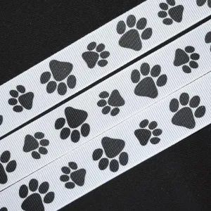 Black Paw Print Ribbon - 7/8 inch Printed Grosgrain