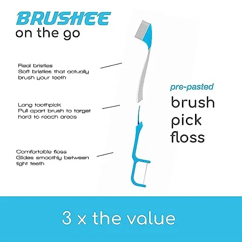 Brushee - The Evolution of Oral Care | 3-in-1 Tool (Pre-Pasted Mini-Brush   Floss   Pick) | Individually Wrapped | Disposable | Prepasted Travel Toothbrushes | Small Adult Toothbrush - (24-Pack)