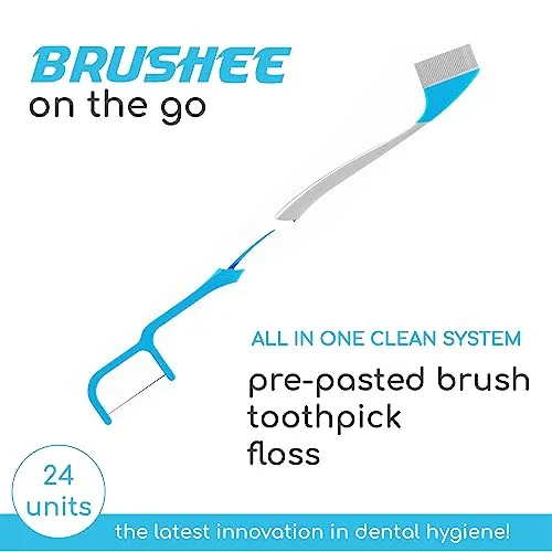 Brushee - The Evolution of Oral Care | 3-in-1 Tool (Pre-Pasted Mini-Brush   Floss   Pick) | Individually Wrapped | Disposable | Prepasted Travel Toothbrushes | Small Adult Toothbrush - (24-Pack)