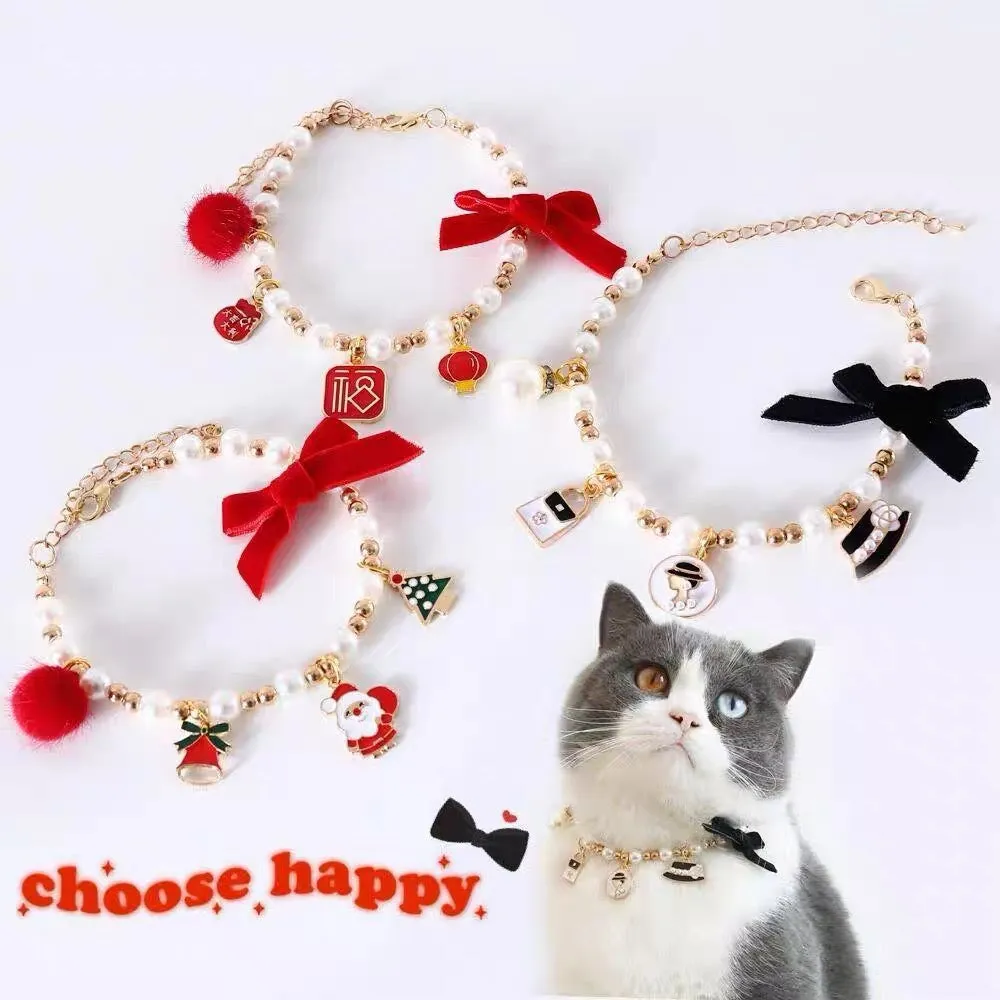 Cat Christmas Pearl Collar With Pendant