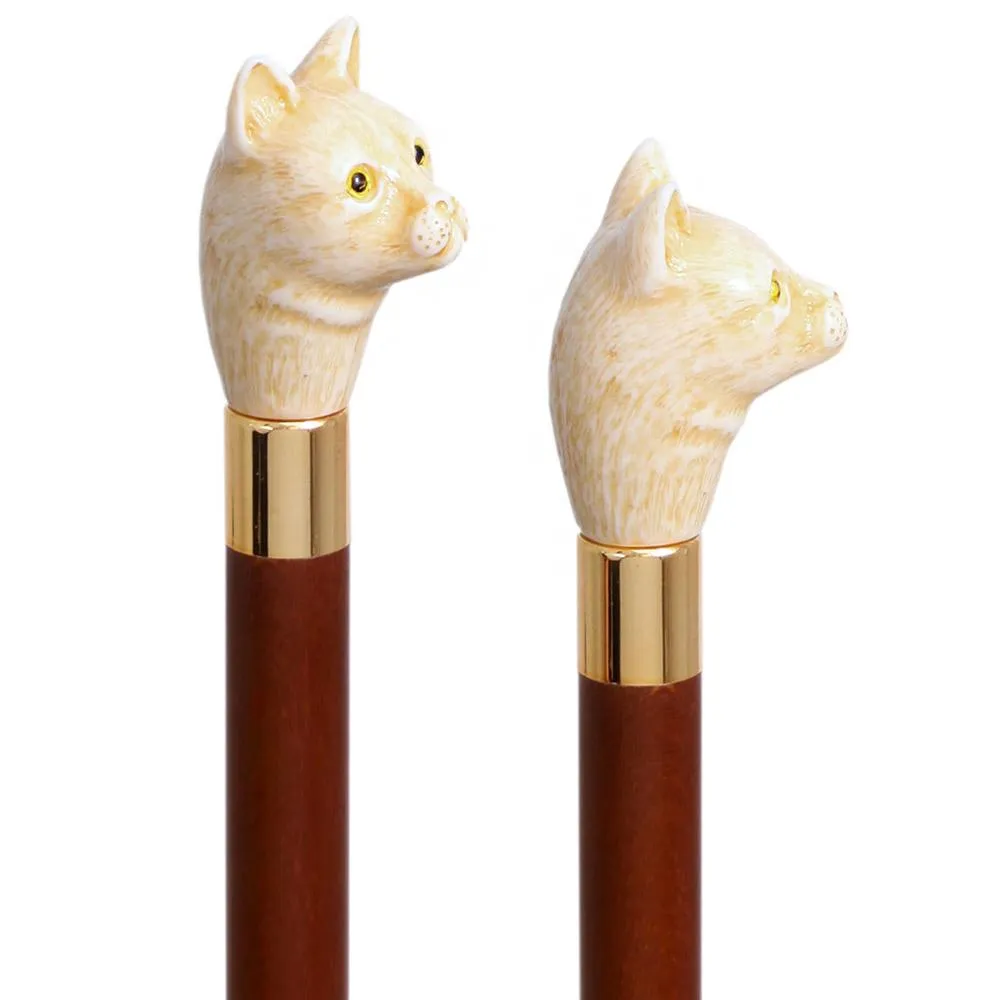 Cat Head Faux Ivory Handle Italian Handle Cane w/ Custom Shaft & Collar