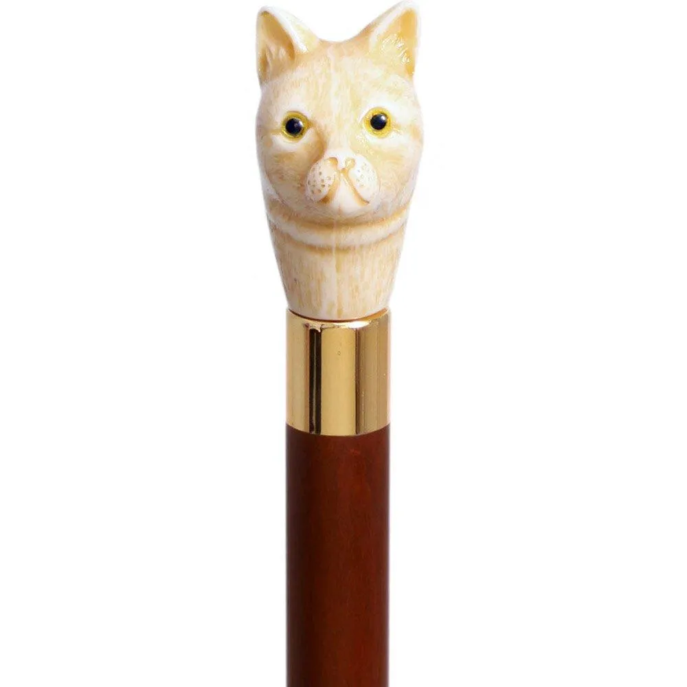 Cat Head Faux Ivory Handle Italian Handle Cane w/ Custom Shaft & Collar