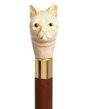 Cat Head Faux Ivory Handle Italian Handle Cane w/ Custom Shaft & Collar