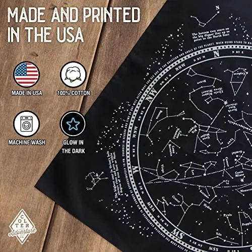 Colter Co. Glow In The Dark "Stargazer" Bandana - 100% Cotton Black Bandana with Star Chart Design - Made In The USA (22" x 22")