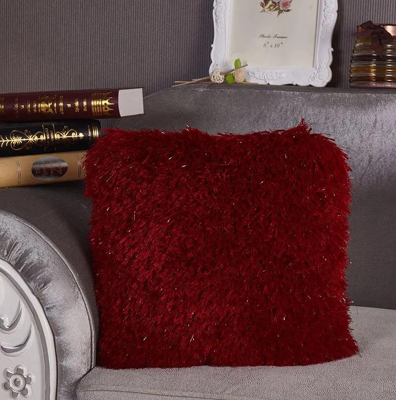 Decorative Shaggy Pillow with Lurex in Red