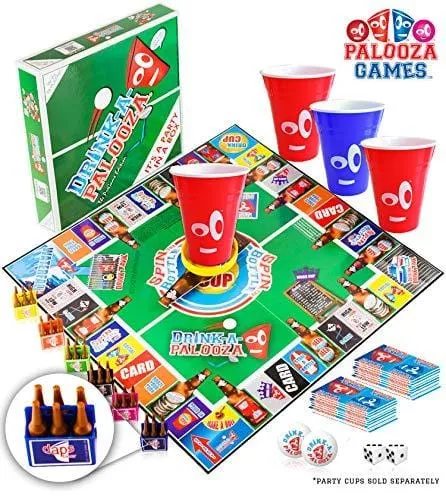 DRINK-A-PALOOZA Board Games: Party Drinking Games for Adults - Game Night Party Games | Fun Adult Beer Games Gift with Beer Pong   Flip Cup   Kings Cup Card Games   More!