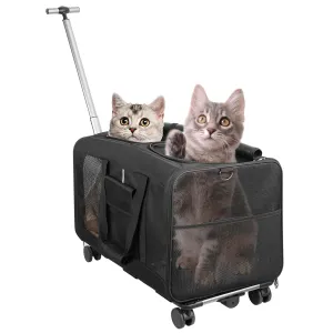 Fresh Fab Finds Double-Compartment Pet Rolling Carrier Cat Dog Rolling Carrier with Detachable Wheels Telescopic Handle Adjustable Shoulder Strap