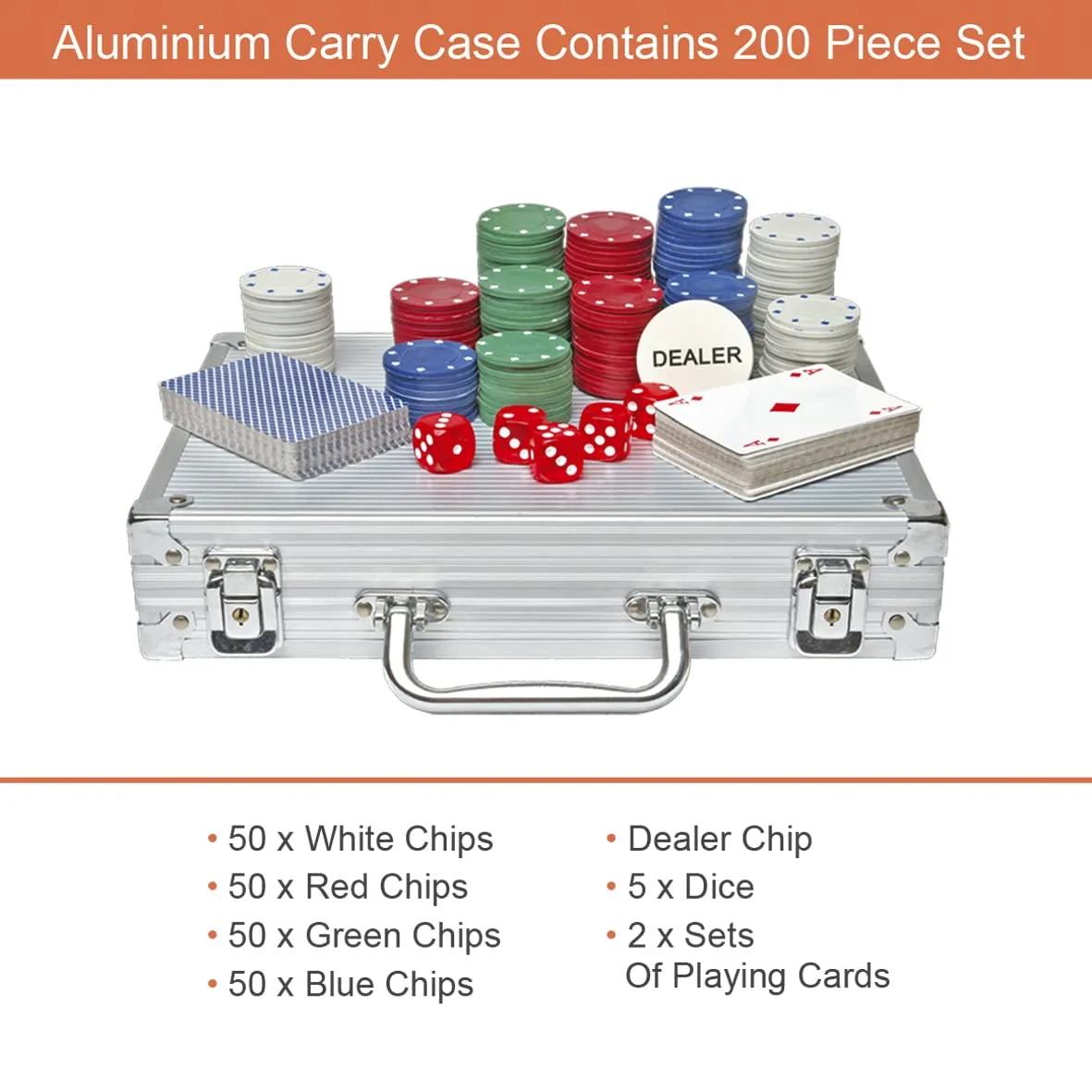 Global Gizmos 50520 200 Piece Poker Set / 4g Chips / Contains Chips, Dice & Cards / Portable Casino Style Carry Case / Texas Hold’Em, Blackjack and More