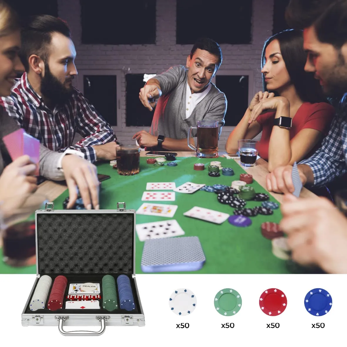 Global Gizmos 50520 200 Piece Poker Set / 4g Chips / Contains Chips, Dice & Cards / Portable Casino Style Carry Case / Texas Hold’Em, Blackjack and More