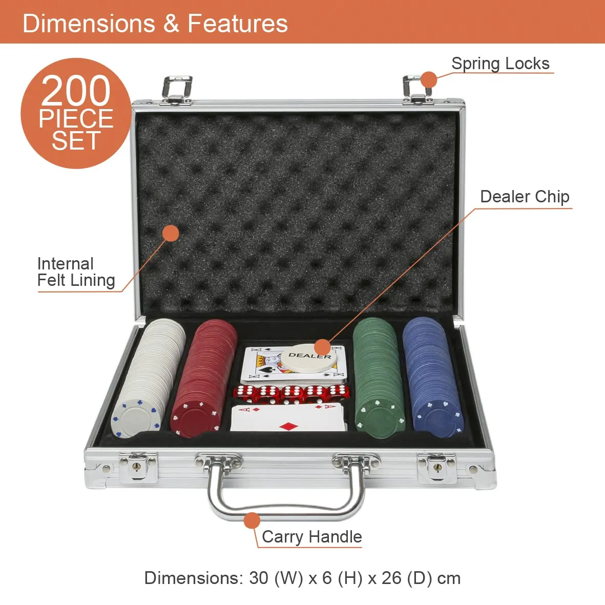 Global Gizmos 50520 200 Piece Poker Set / 4g Chips / Contains Chips, Dice & Cards / Portable Casino Style Carry Case / Texas Hold’Em, Blackjack and More