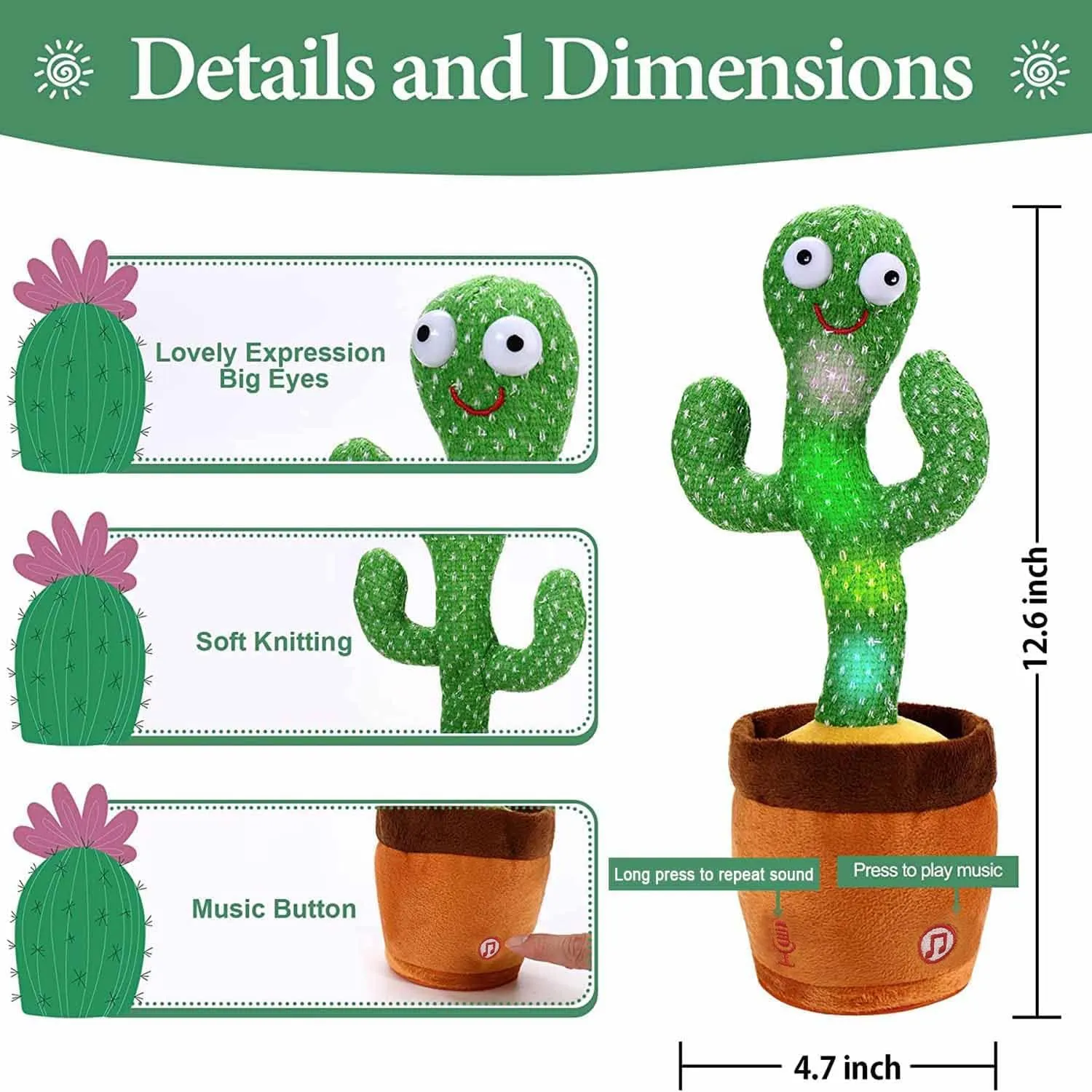 Goyal's Dancing Cactus Talking Toy, Wriggling, Singing & Repeating What You Say, Funny Education Toy for Babies & Kids - Green (Rechargable)