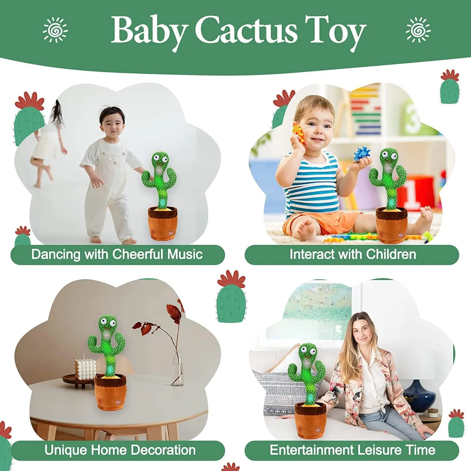 Goyal's Dancing Cactus Talking Toy, Wriggling, Singing & Repeating What You Say, Funny Education Toy for Babies & Kids - Green (Rechargable)