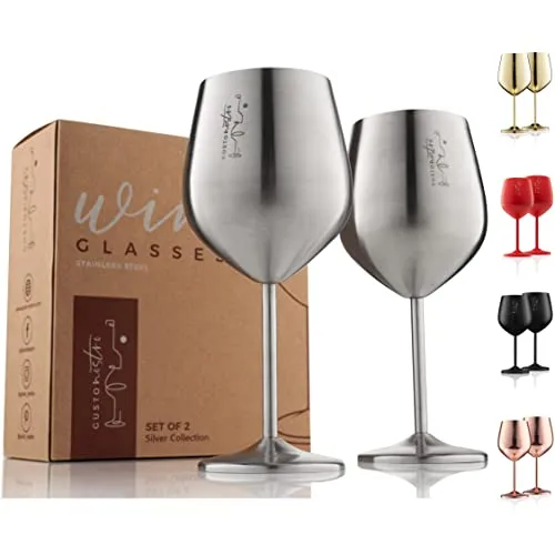 Gusto Nostro Stainless Steel Wine Glass - 18 oz - Cute, Unbreakable Wine Glasses for Travel, Camping and Pool - Fancy, Unique and Cool Portable Metal Wine Glass for Outdoor Events, Picnics (Set of 2)