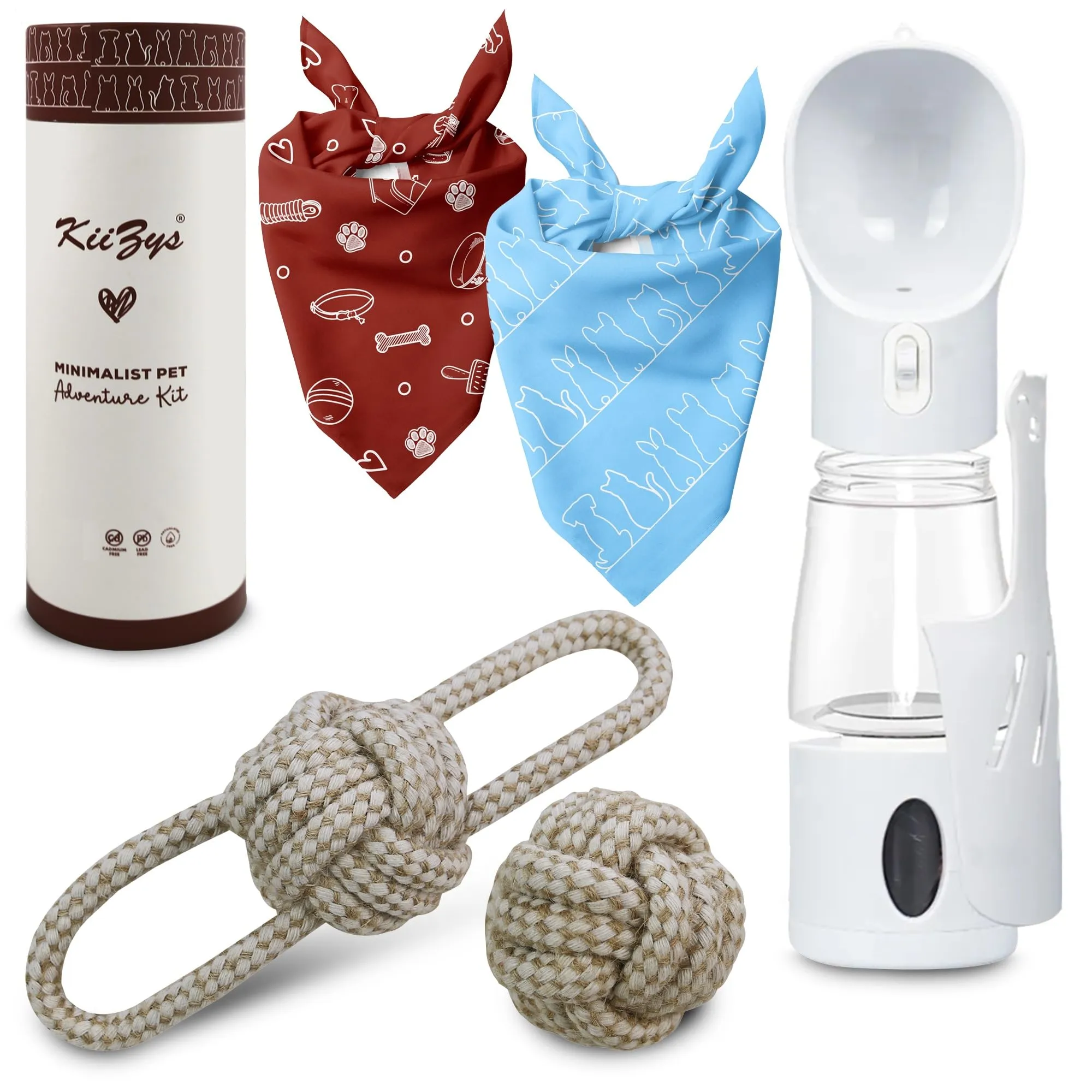 KiiZYs Pet Gift Set: Bandanas, Water Bottle & Chew Toys Essential Traveling Kit