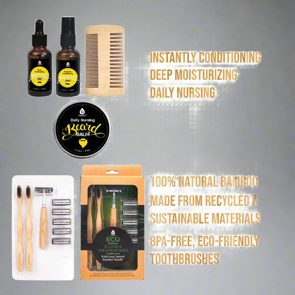 Pursonic Beard Care Grooming Kit & Eco-Friendly Razor   Bamboo Toothbrush Combo