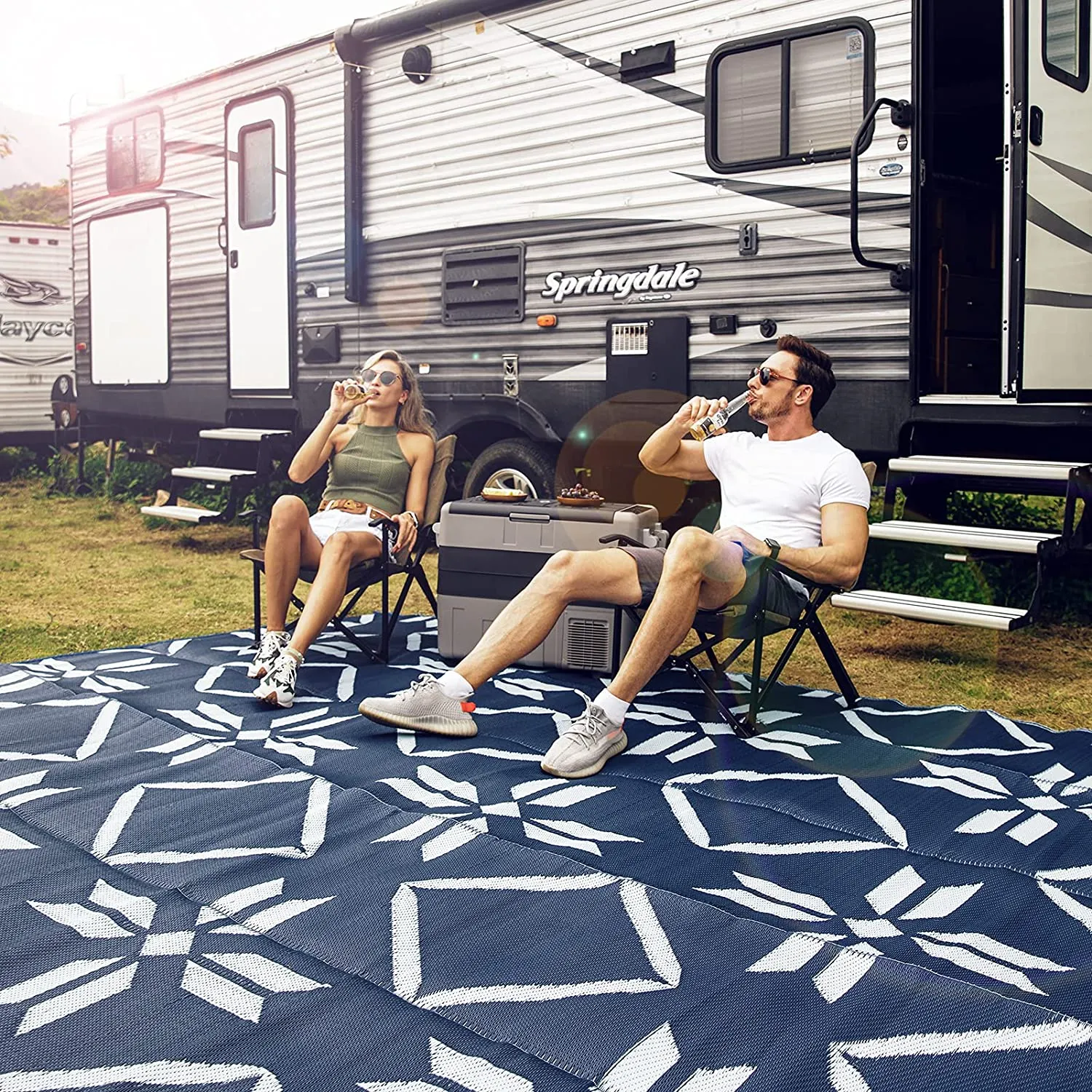 Reversible RV Outdoor Mats 9' x 12', Blue