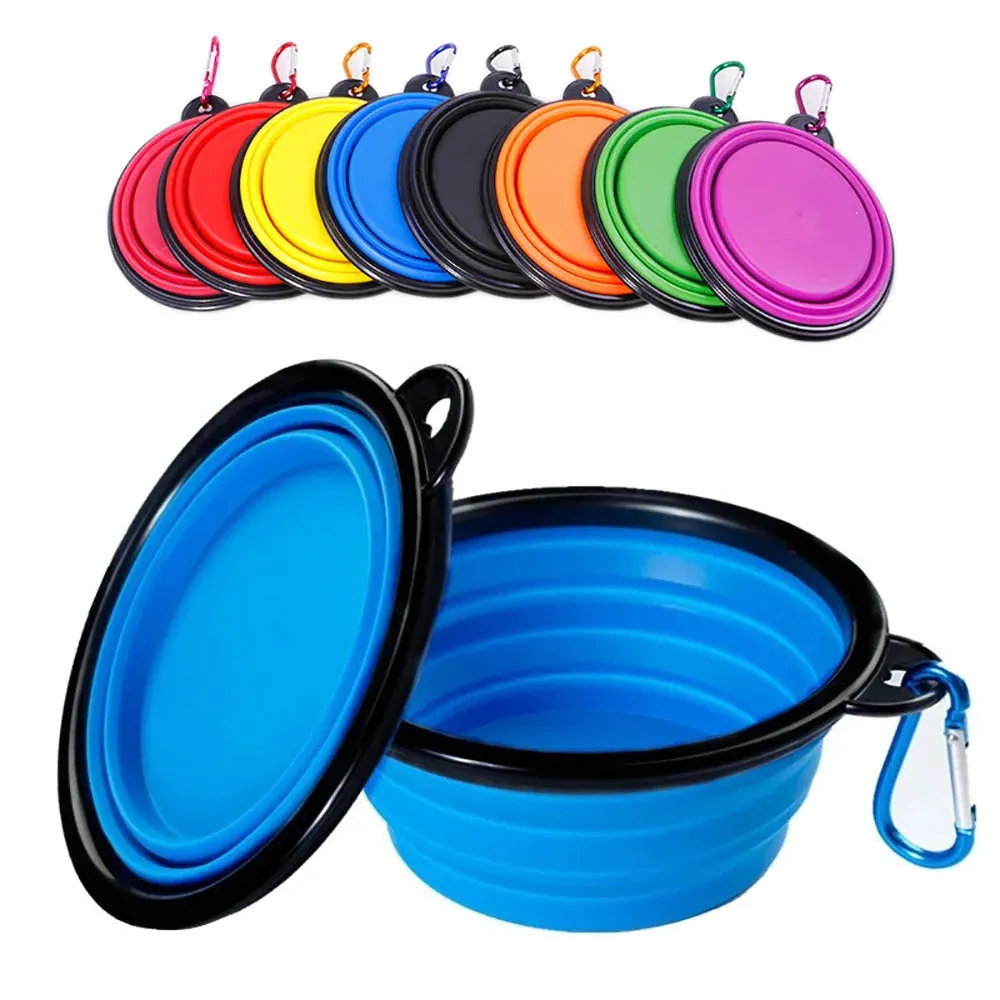 Water Food Bowl for Dogs Cats Collapsible Silicone with Carabiner Clip